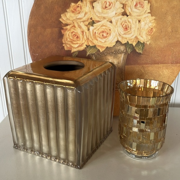 Tissue Box Holder Cover, Heavy Gold Acrylic With Gold Glass Candle Holder - Picture 12 of 13